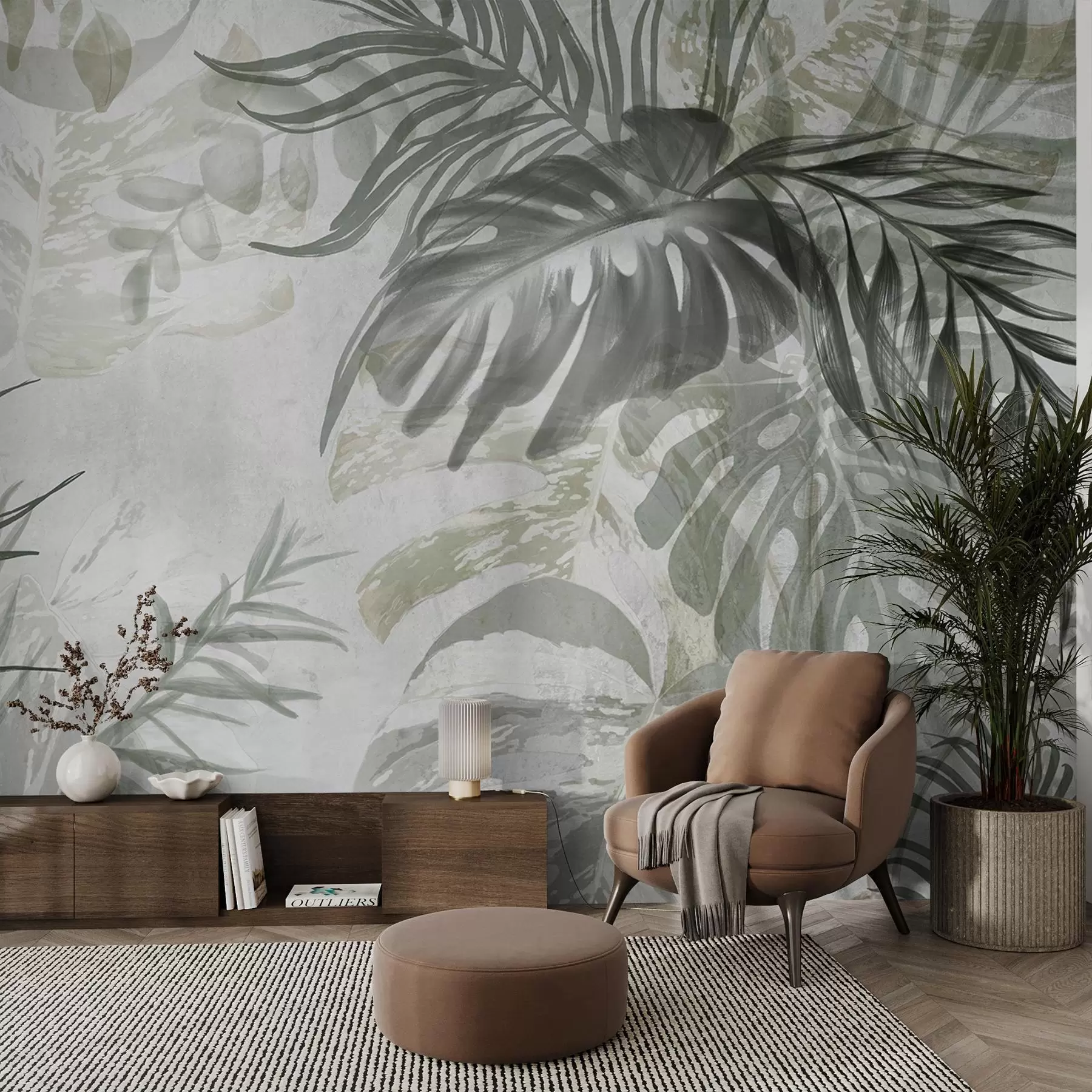 wall murals Monstera and palm leaves in shades of green and gray, botanical, tropical foliage, jungle plants, textured background w09011