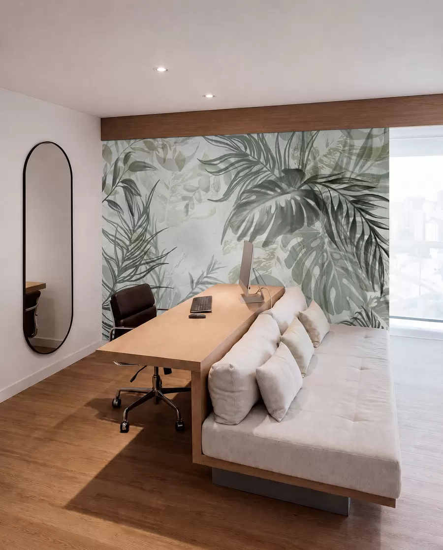 wall murals Monstera and palm leaves in shades of green and gray, botanical, tropical foliage, jungle plants, textured background w09011
