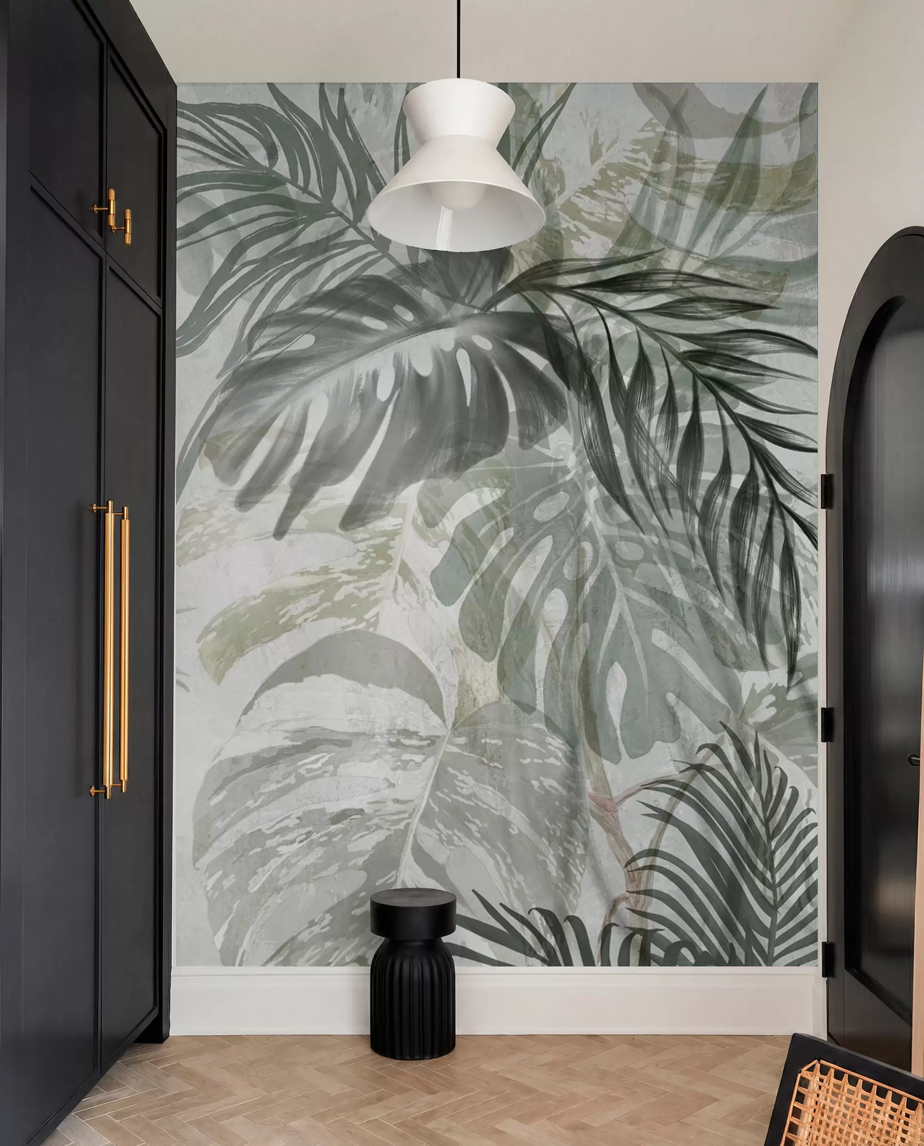 wall murals Monstera and palm leaves in shades of green and gray, botanical, tropical foliage, jungle plants, textured background w09011