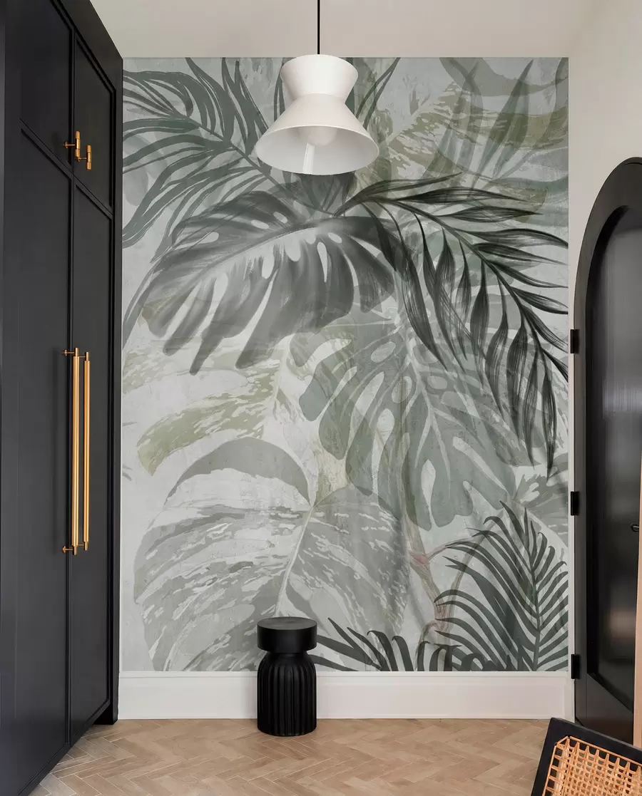 wall murals Monstera and palm leaves in shades of green and gray, botanical, tropical foliage, jungle plants, textured background w09011