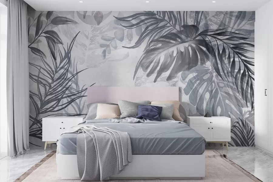 wall murals Monstera and palm leaves in shades of blue and gray, botanical, tropical foliage, jungle plants, textured background w09011v1