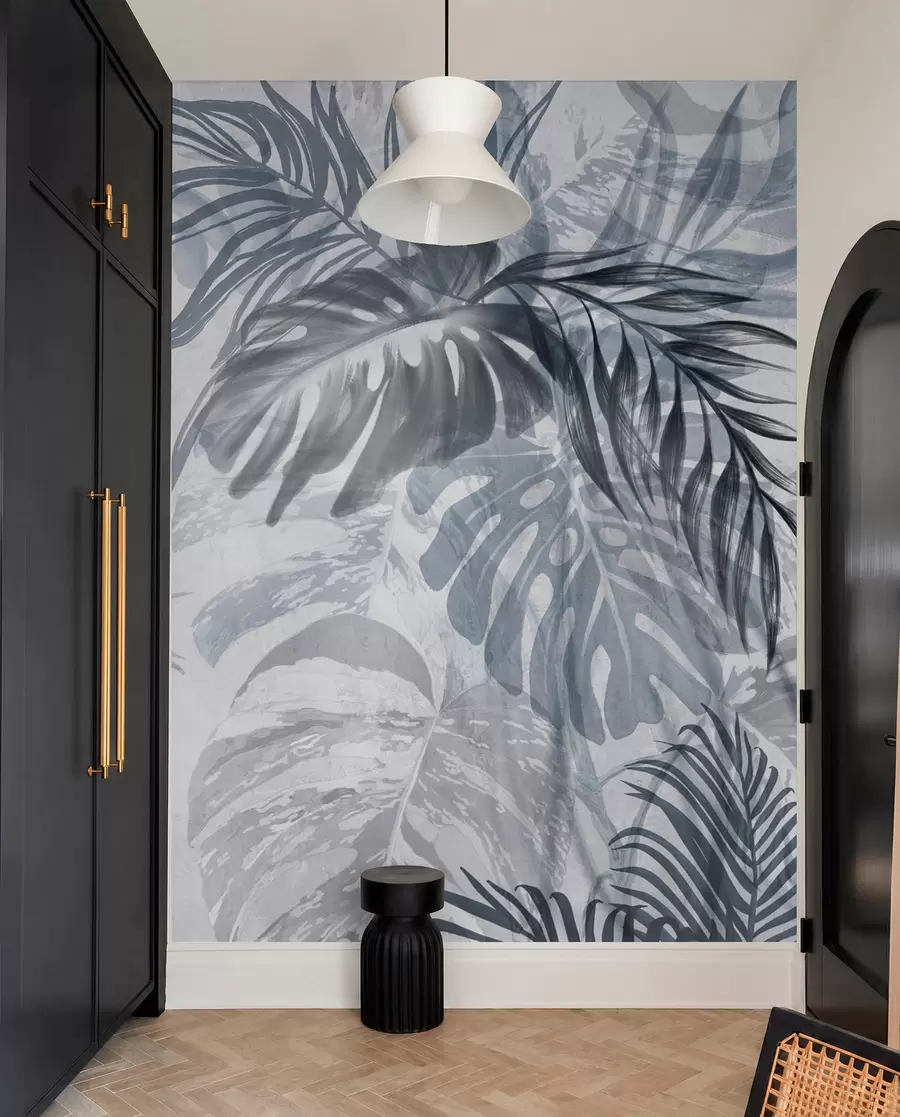 wall murals Monstera and palm leaves in shades of blue and gray, botanical, tropical foliage, jungle plants, textured background w09011v1