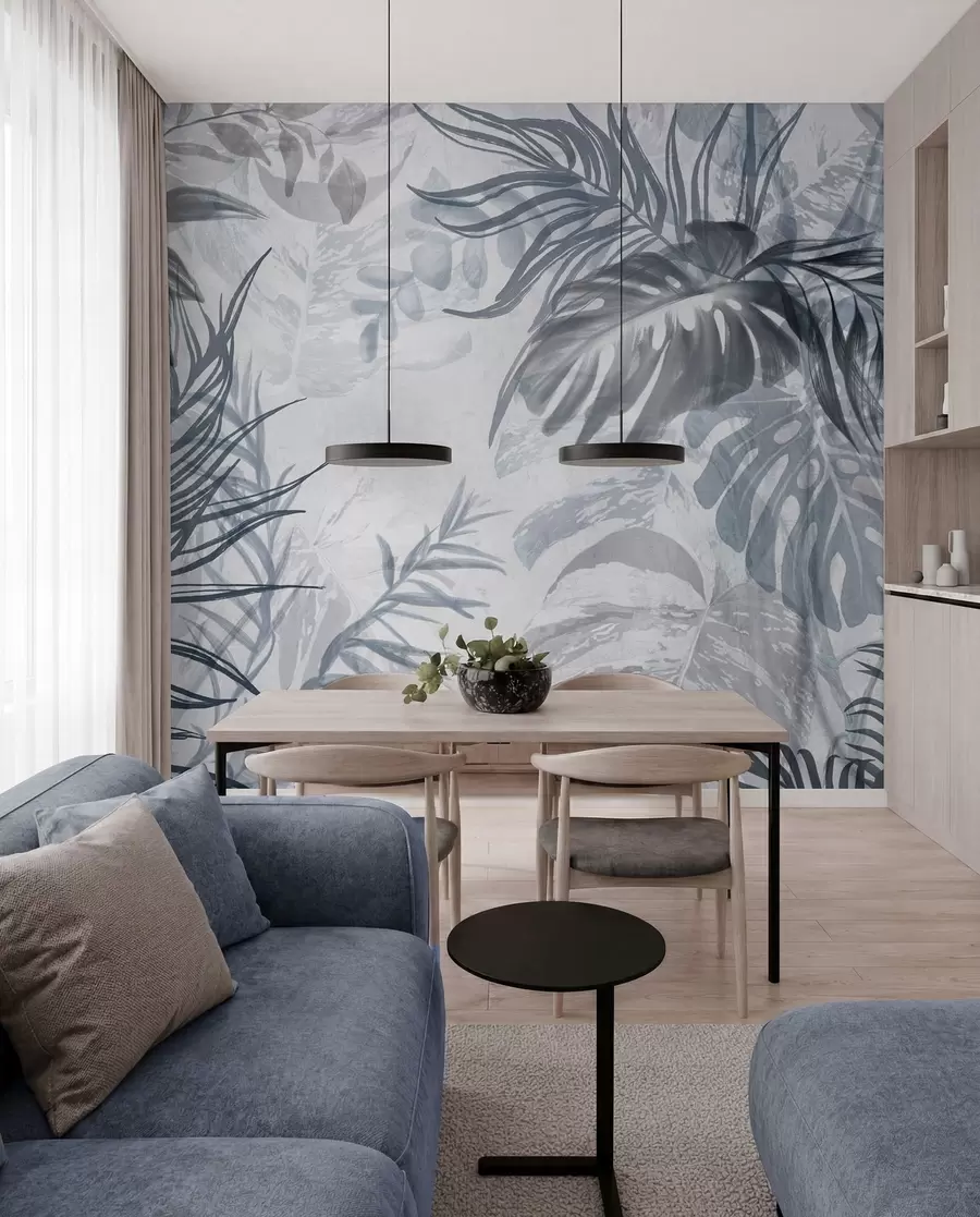 wall murals Monstera and palm leaves in shades of blue and gray, botanical, tropical foliage, jungle plants, textured background w09011v1