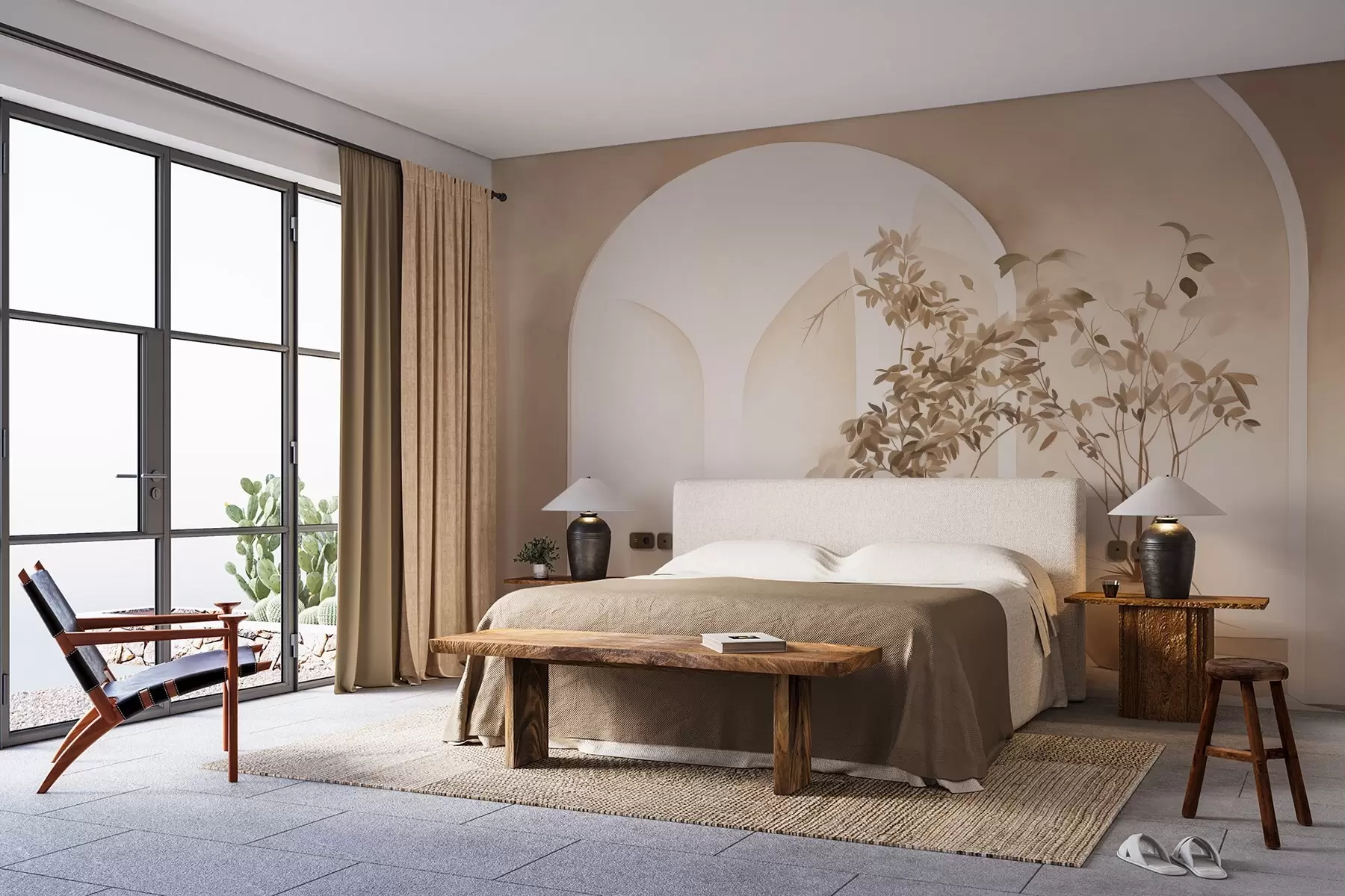 wall murals Plants in pots with beige tones in front of abstract arches, minimalist style, elegant and clean, neutral background w09013