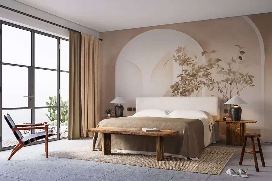 wall murals Plants in pots with beige tones in front of abstract arches, minimalist style, elegant and clean, neutral background w09013