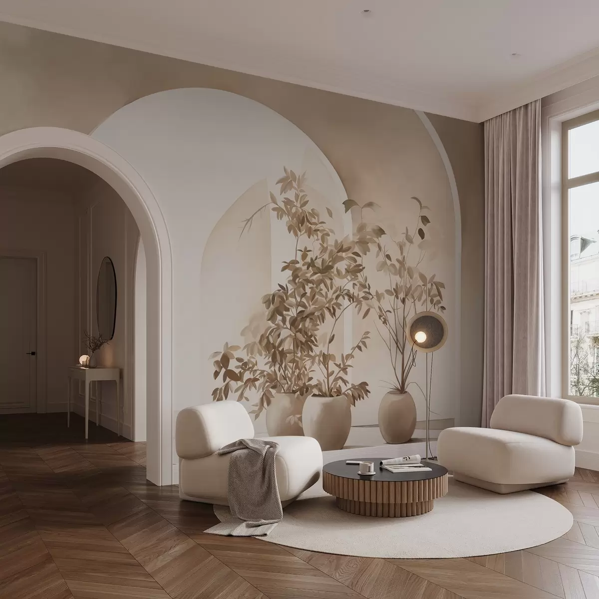 wall murals Plants in pots with beige tones in front of abstract arches, minimalist style, elegant and clean, neutral background w09013