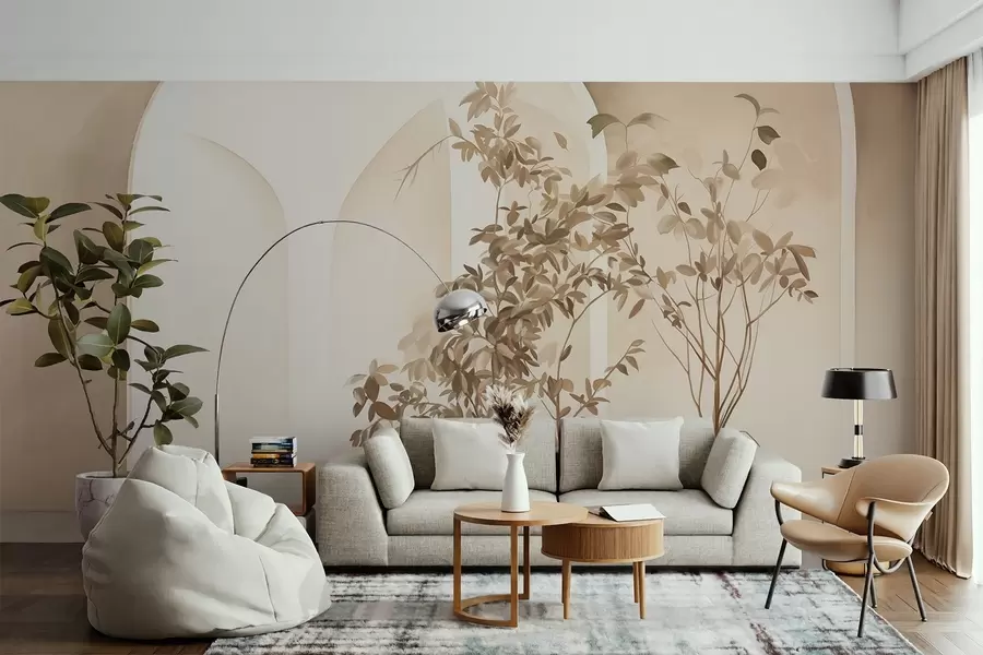 wall murals Plants in pots with beige tones in front of abstract arches, minimalist style, elegant and clean, neutral background w09013