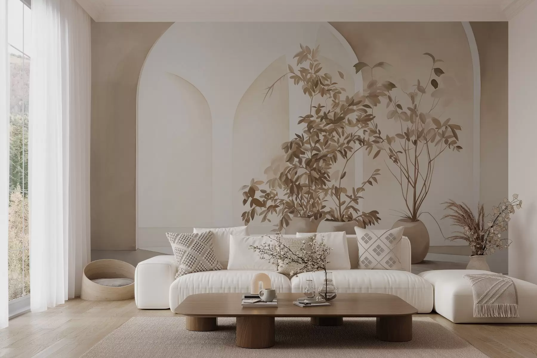 wall murals Plants in pots with beige tones in front of abstract arches, minimalist style, elegant and clean, neutral background w09013