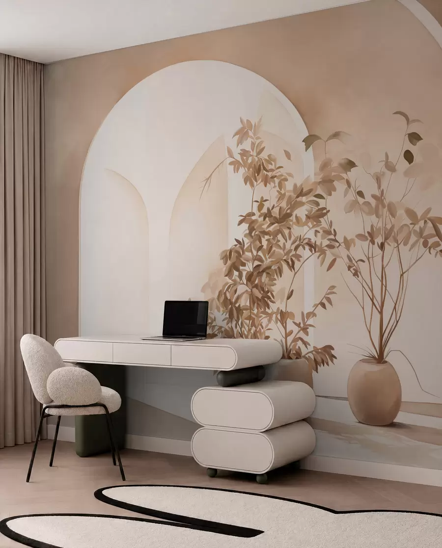 wall murals Plants in pots with beige tones in front of abstract arches, minimalist style, elegant and clean, neutral background w09013