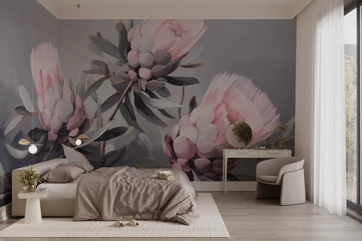 wall murals Pink protea abstract flowers with grey leaves, soft textured brushstrokes, muted colors, against a blurred grey background w09014
