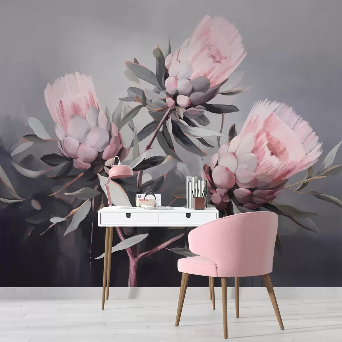 wall murals Pink protea abstract flowers with grey leaves, soft textured brushstrokes, muted colors, against a blurred grey background w09014