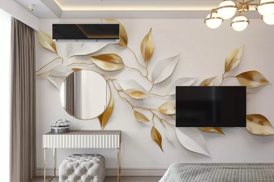 wall murals Yellow and white leaves on a branch , elegant design, white background, minimalist style, decorative art , nature-inspired w09015