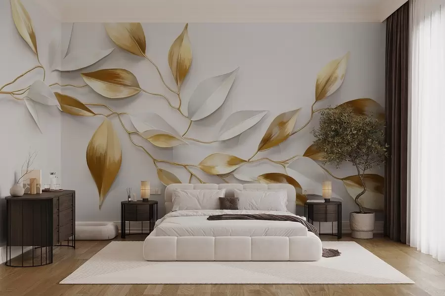 wall murals Yellow and white leaves on a branch , elegant design, white background, minimalist style, decorative art , nature-inspired w09015