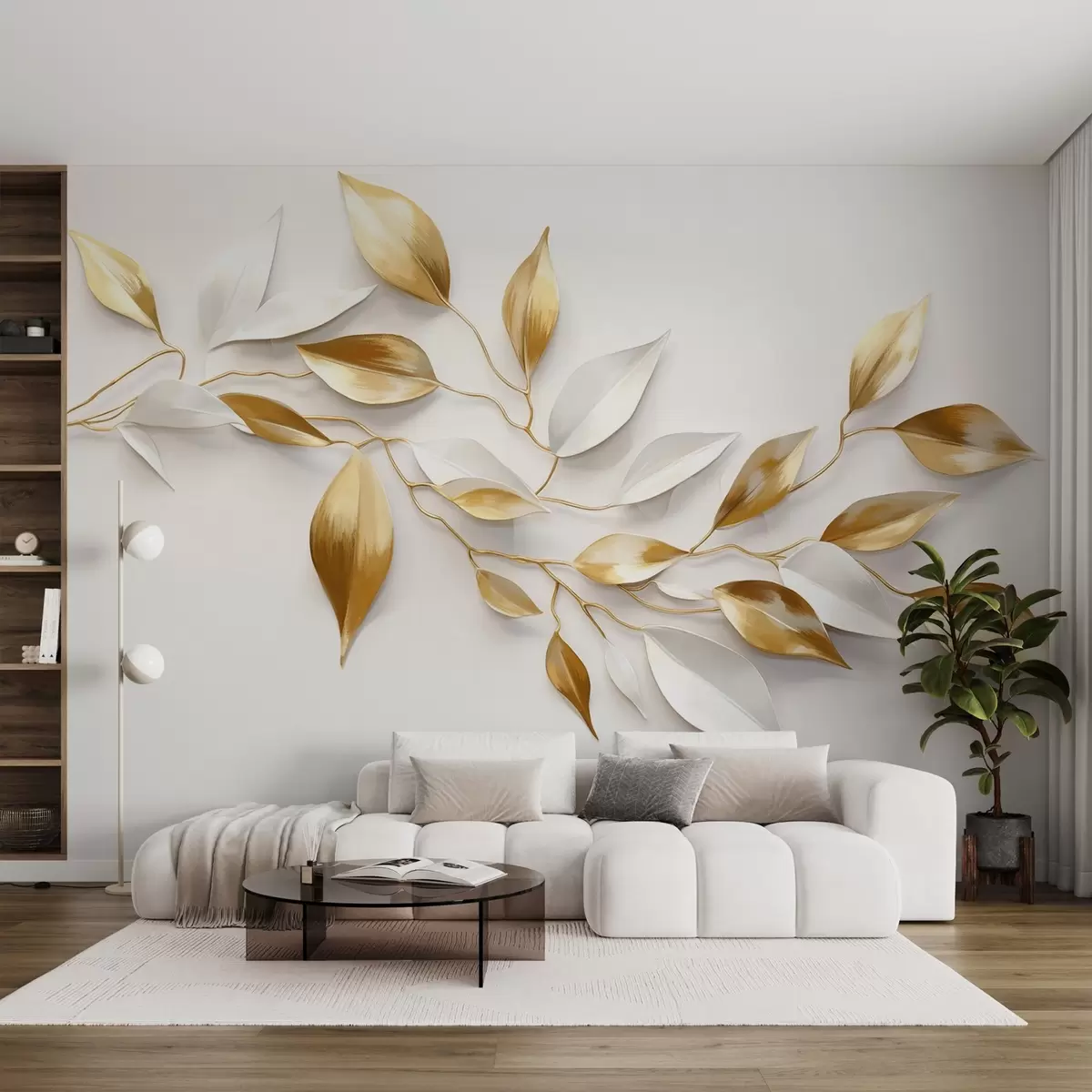 wall murals Yellow and white leaves on a branch , elegant design, white background, minimalist style, decorative art , nature-inspired w09015