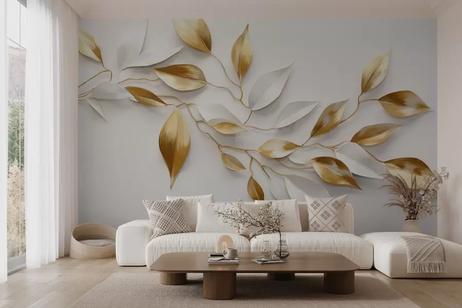 wall murals Yellow and white leaves on a branch , elegant design, white background, minimalist style, decorative art , nature-inspired w09015