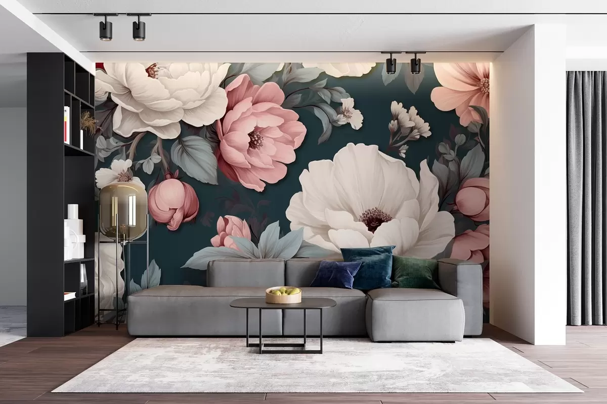 wall murals White and pink peonies on a dark blue background w09017