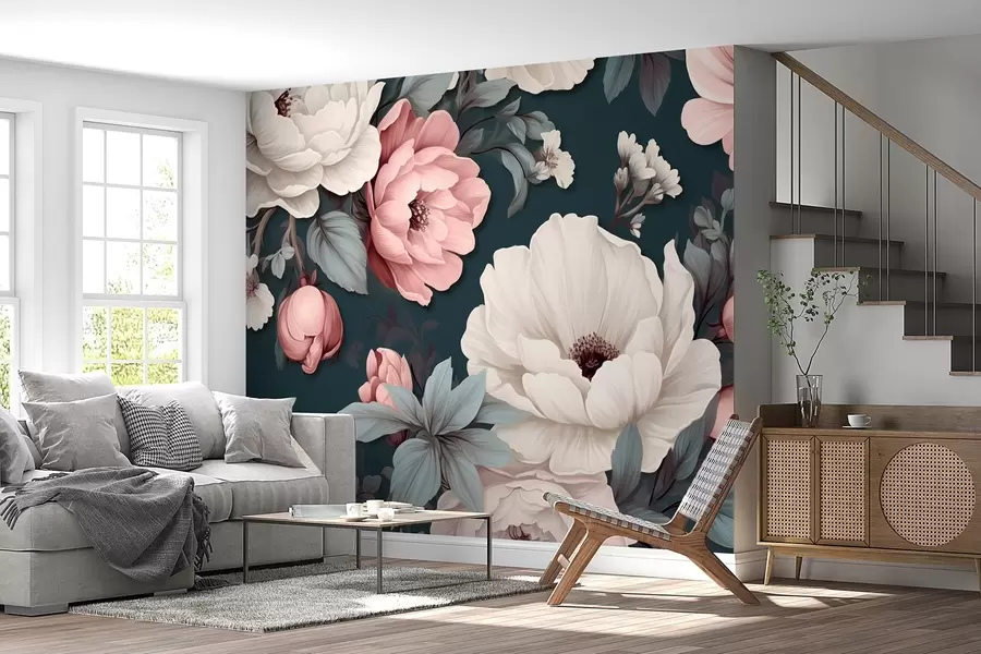 wall murals White and pink peonies on a dark blue background w09017