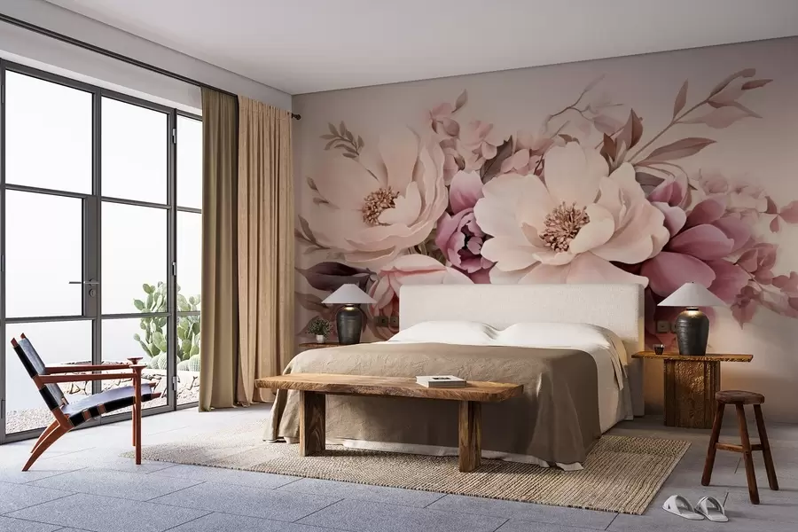 wall murals Delicate composition of pink and beige flowers, peonies with leaves w09019
