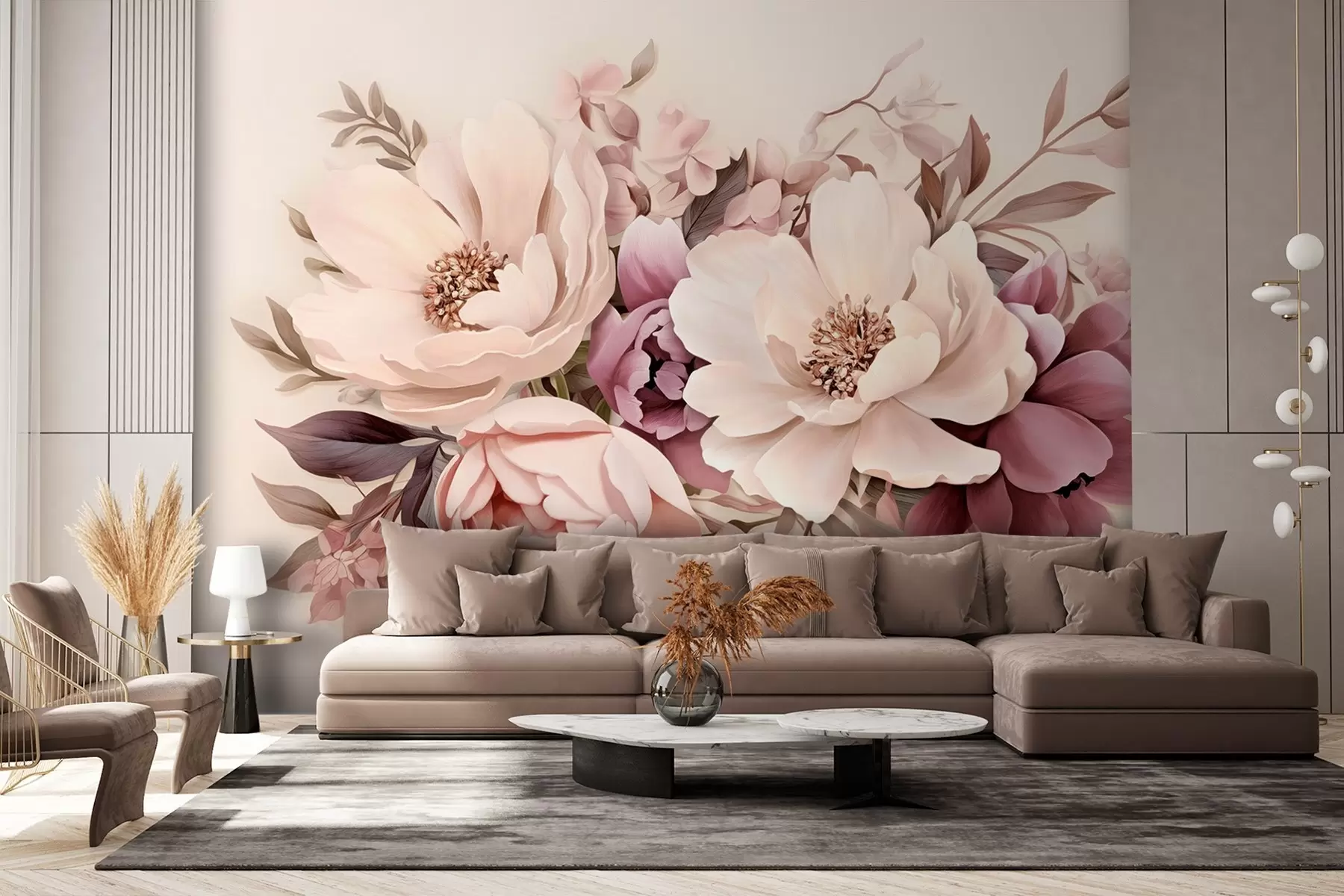 wall murals Delicate composition of pink and beige flowers, peonies with leaves w09019