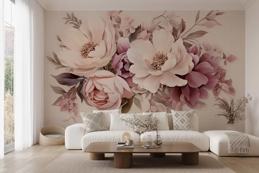 wall murals Delicate composition of pink and beige flowers, peonies with leaves w09019