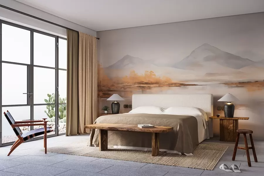 wall murals Autumn landscape with yellow trees and a river against a mountain backdrop w09020