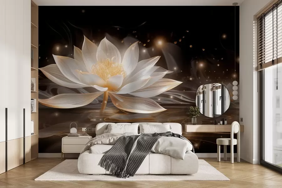 wall murals Elegant white water lilies on dark water w09021