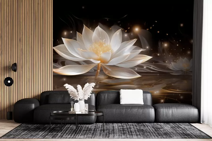 wall murals Elegant white water lilies on dark water w09021