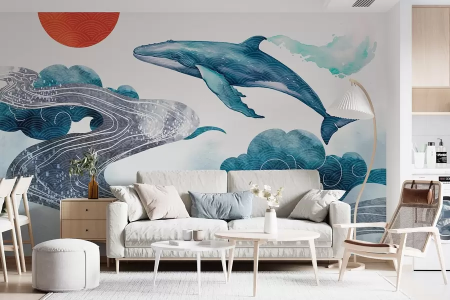 wall murals Flying blue whale in the sky among clouds and sun in watercolor style w09024