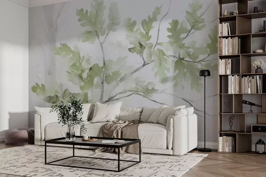wall murals Oak branch with leaves green shades w03772v1