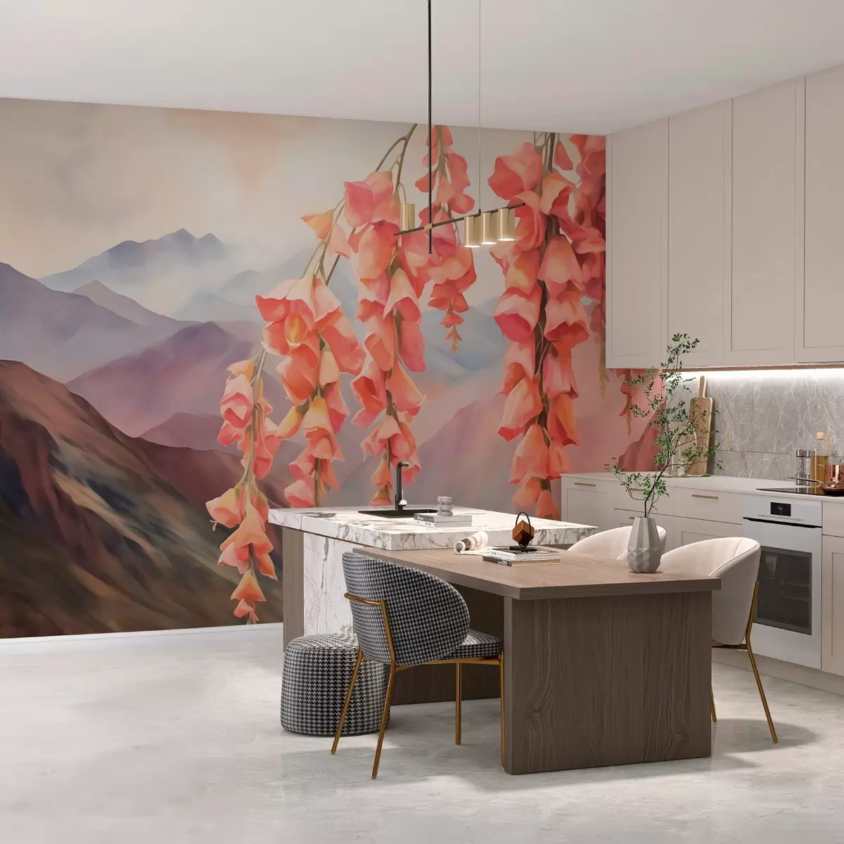 wall murals Hanging flowers against a backdrop of mountains w03776