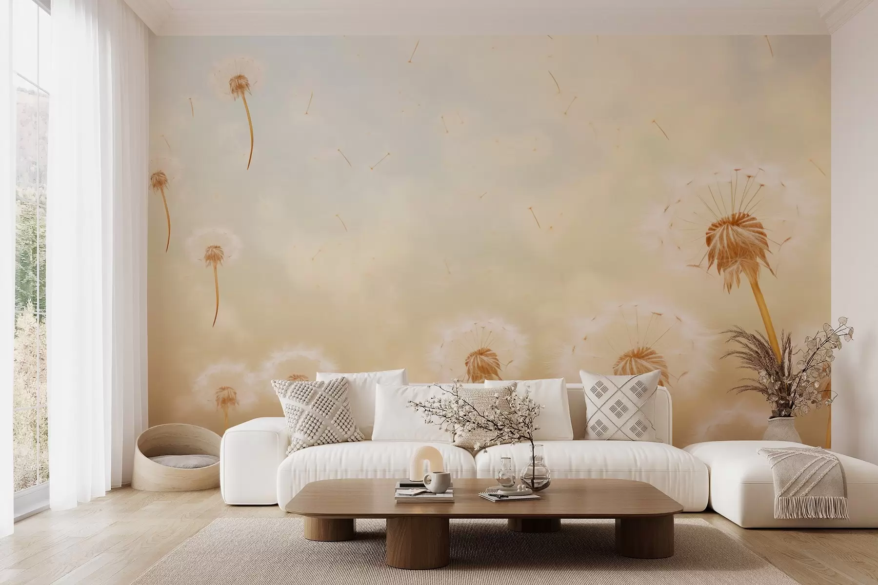 wall murals Airy beige dandelions blowing in the wind against the sky w09028