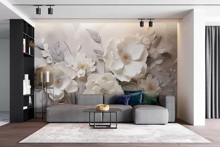 wall murals Elegant white flowers with thin petals and yellow stamens on a gray background w09029