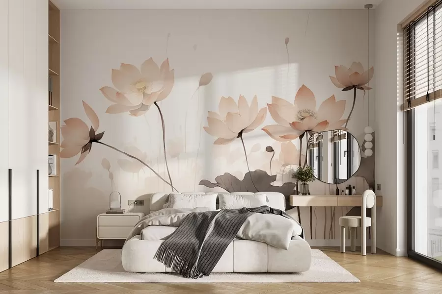 wall murals Water lilies in delicate light tones in watercolor style w09035