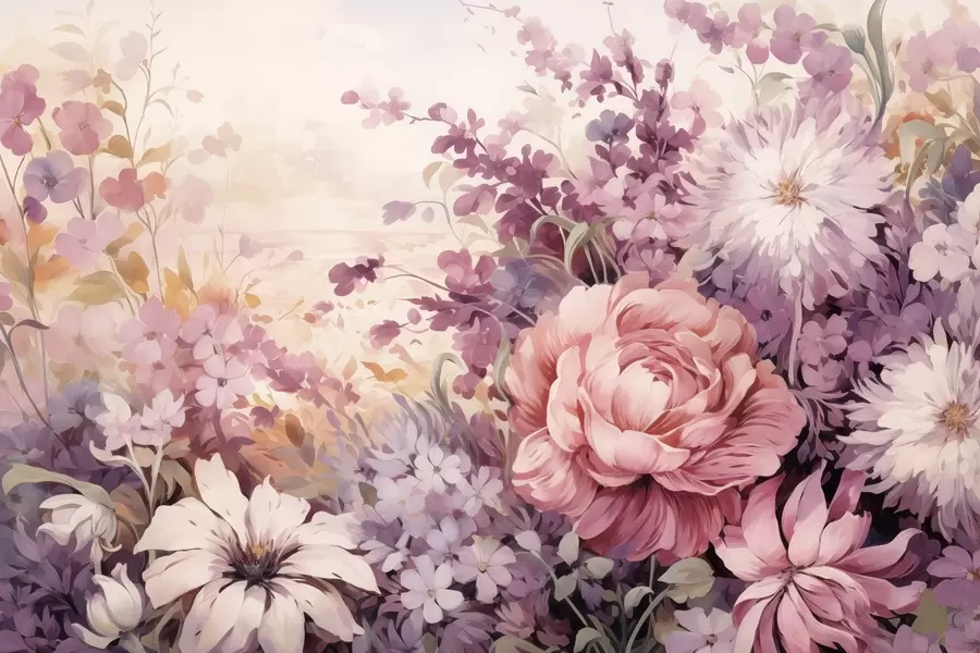 wall murals Colorful flowers in pink and purple tones: lilacs, peonies, chrysanthemums w09039