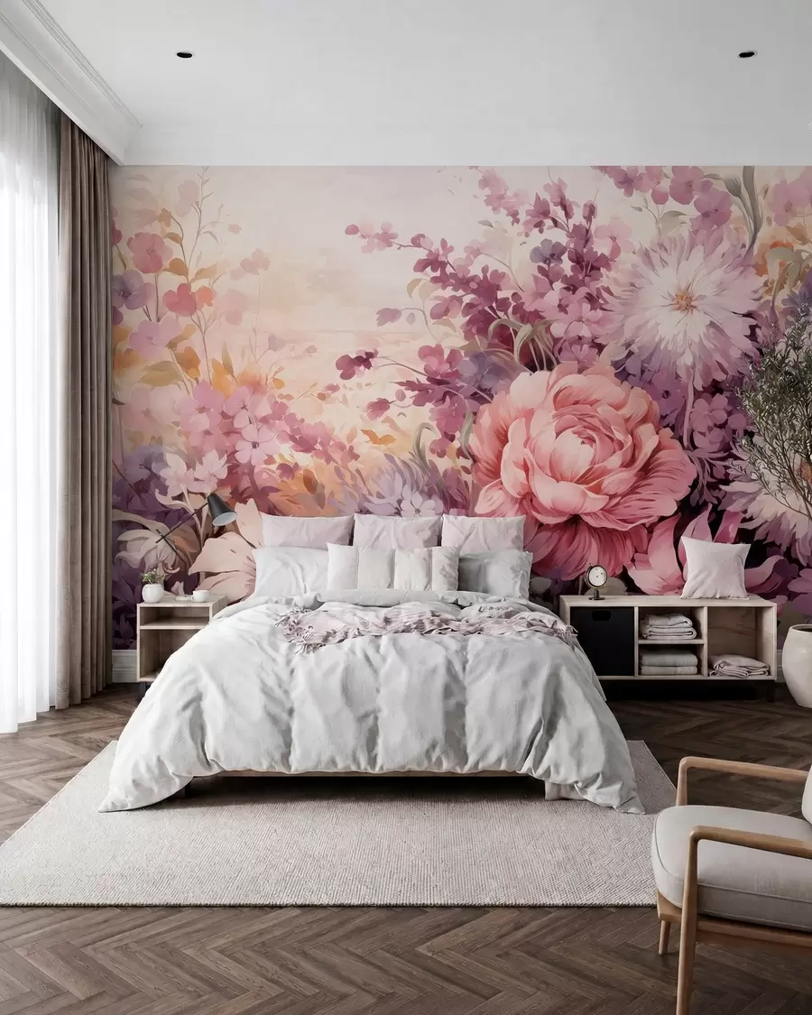 wall murals Colorful flowers in pink and purple tones: lilacs, peonies, chrysanthemums w09039