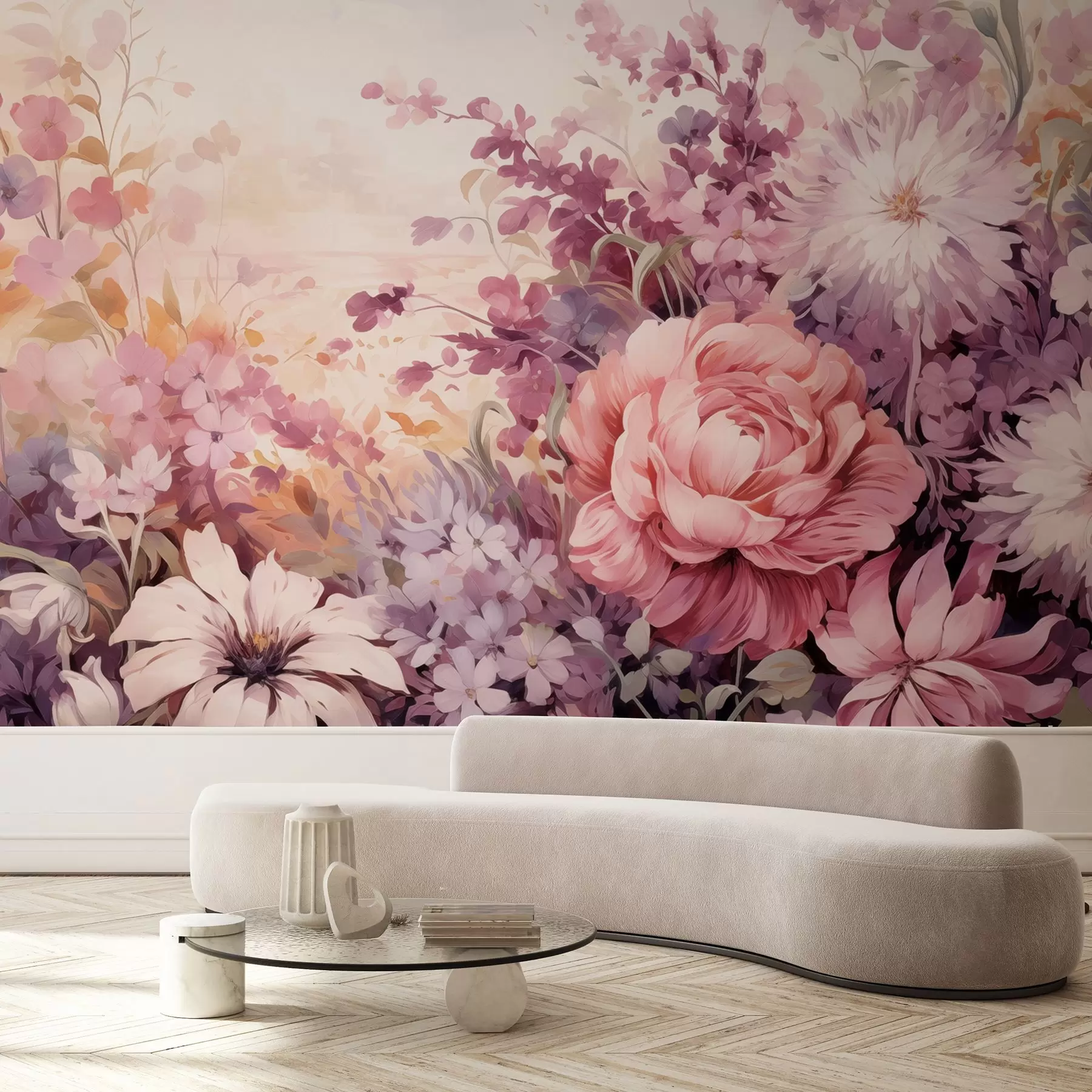 wall murals Colorful flowers in pink and purple tones: lilacs, peonies, chrysanthemums w09039