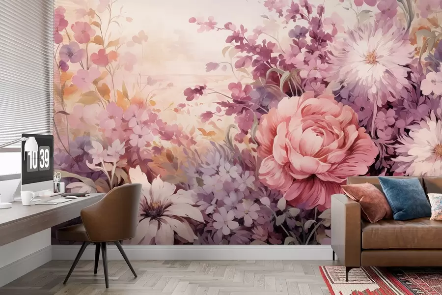 wall murals Colorful flowers in pink and purple tones: lilacs, peonies, chrysanthemums w09039