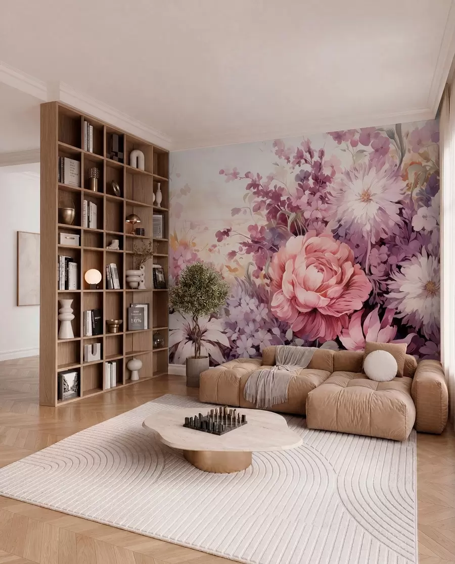 wall murals Colorful flowers in pink and purple tones: lilacs, peonies, chrysanthemums w09039