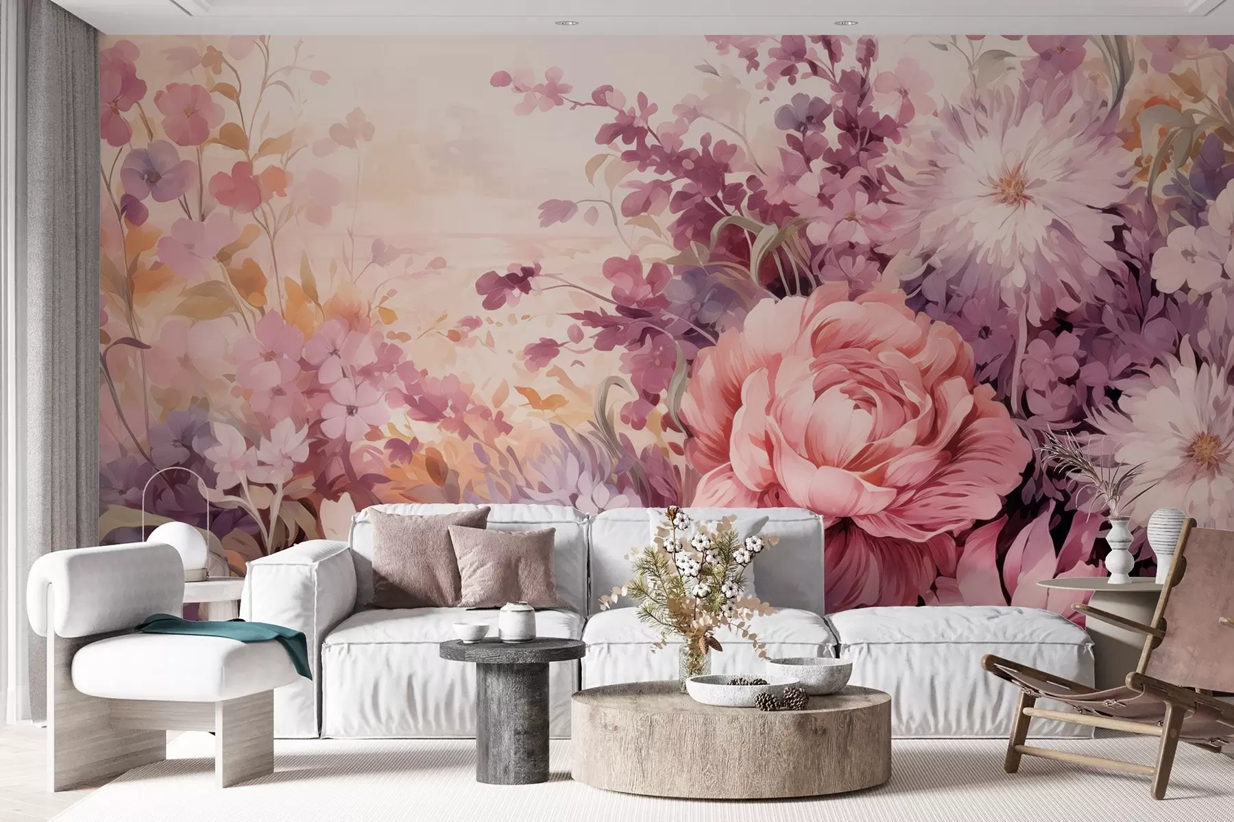 wall murals Colorful flowers in pink and purple tones: lilacs, peonies, chrysanthemums w09039