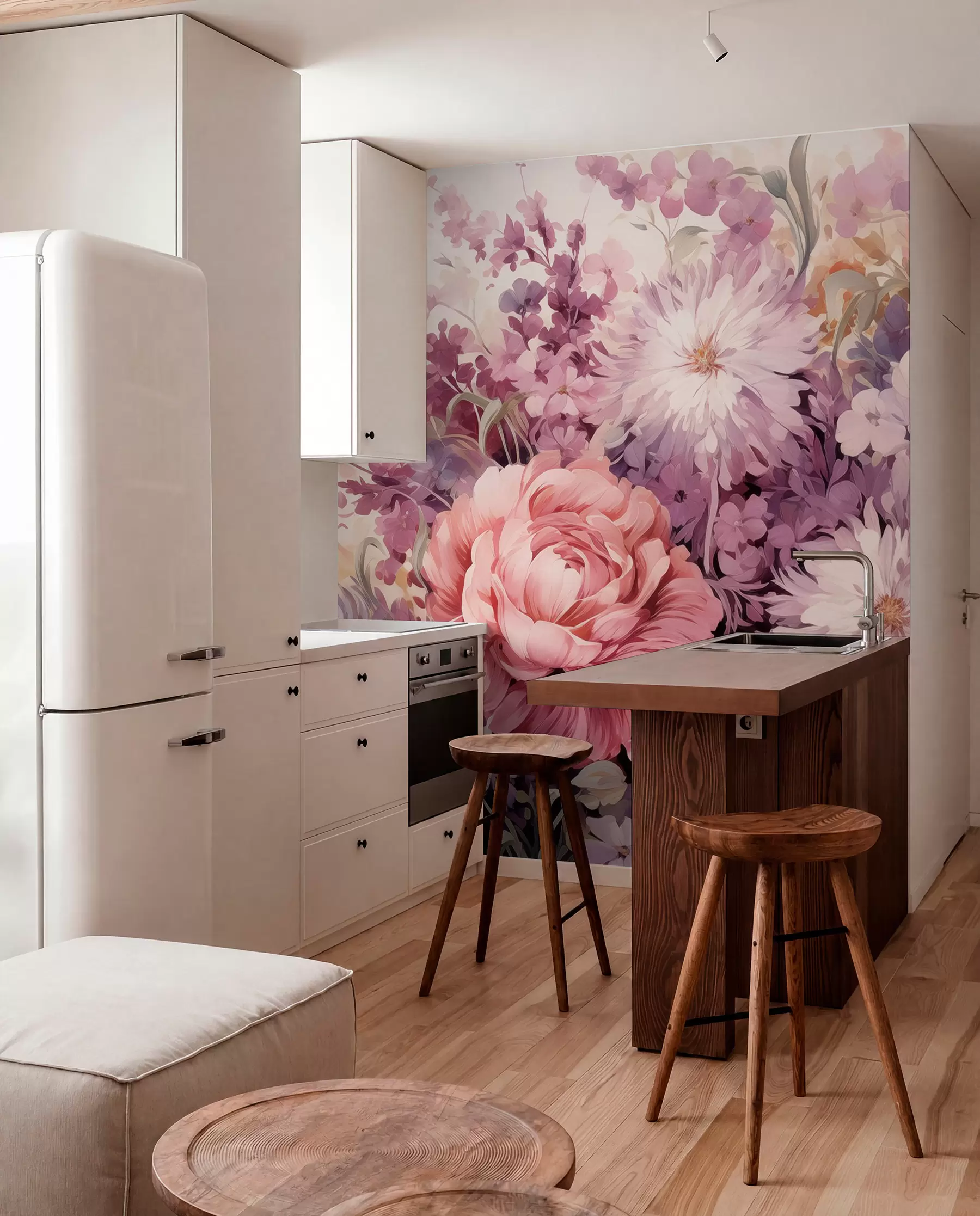 wall murals Colorful flowers in pink and purple tones: lilacs, peonies, chrysanthemums w09039