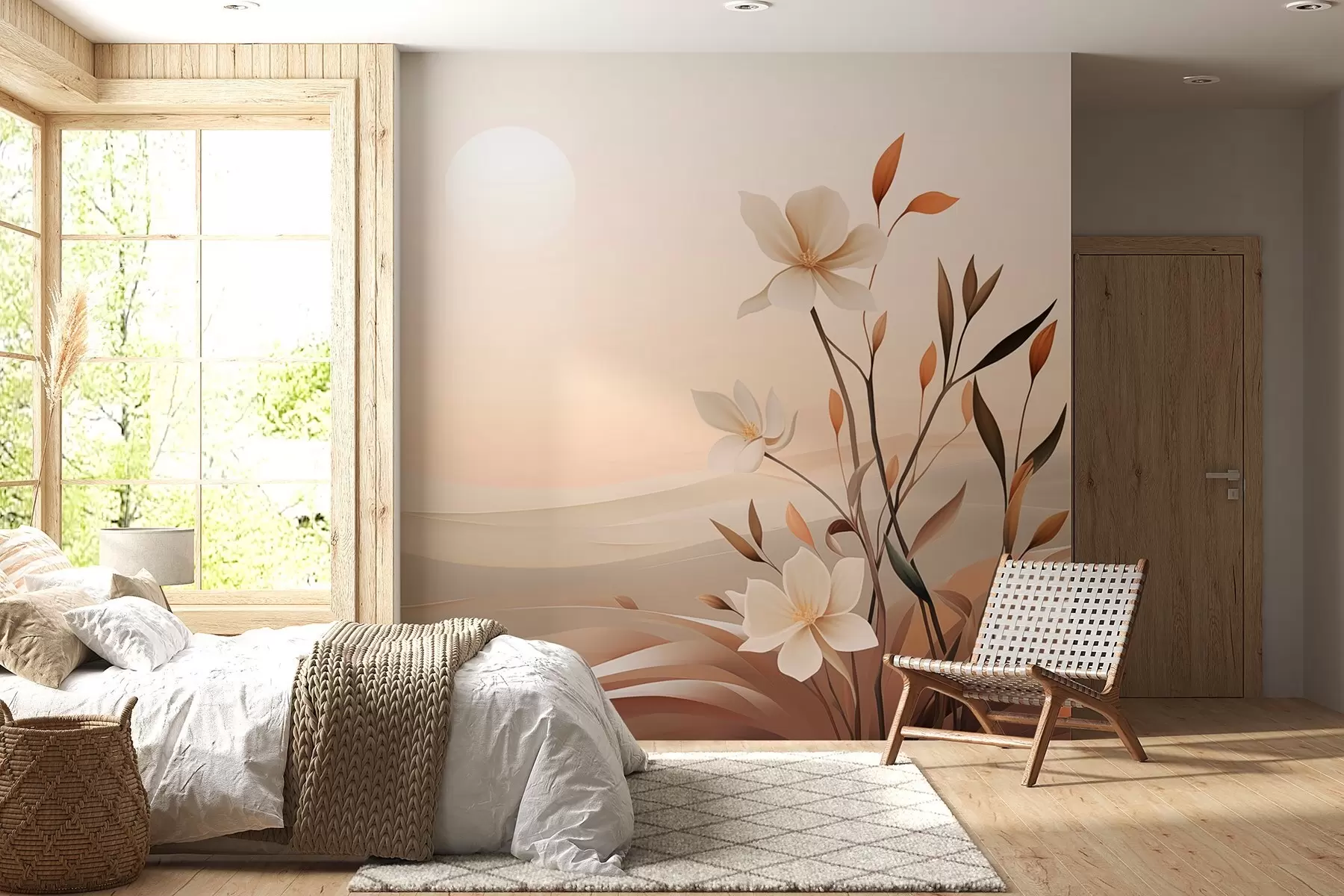 wall murals Growing flower against a background of desert and mountains w09044