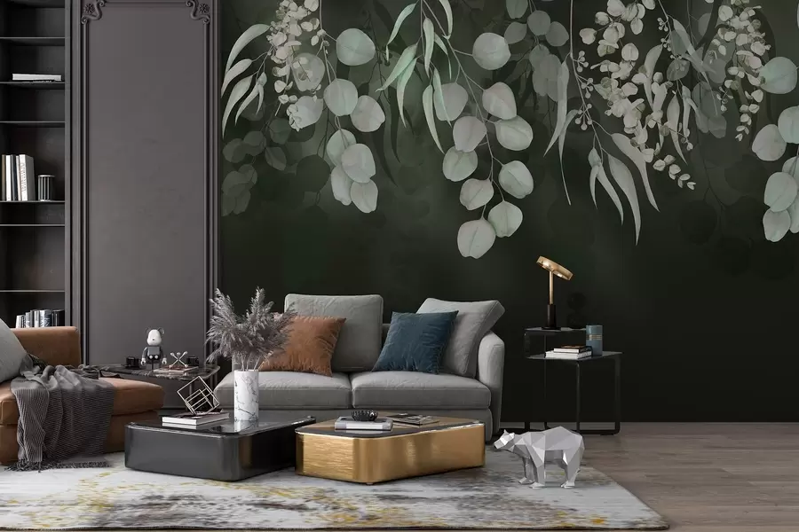 wall murals Tropical leaves on the dark green background, floral w03752