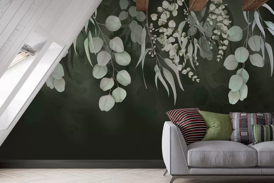wall murals Tropical leaves on the dark green background, floral w03752