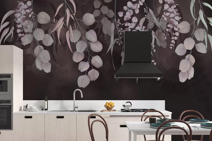 wall murals Tropical leaves on the dark burgundy background, floral w03752v1
