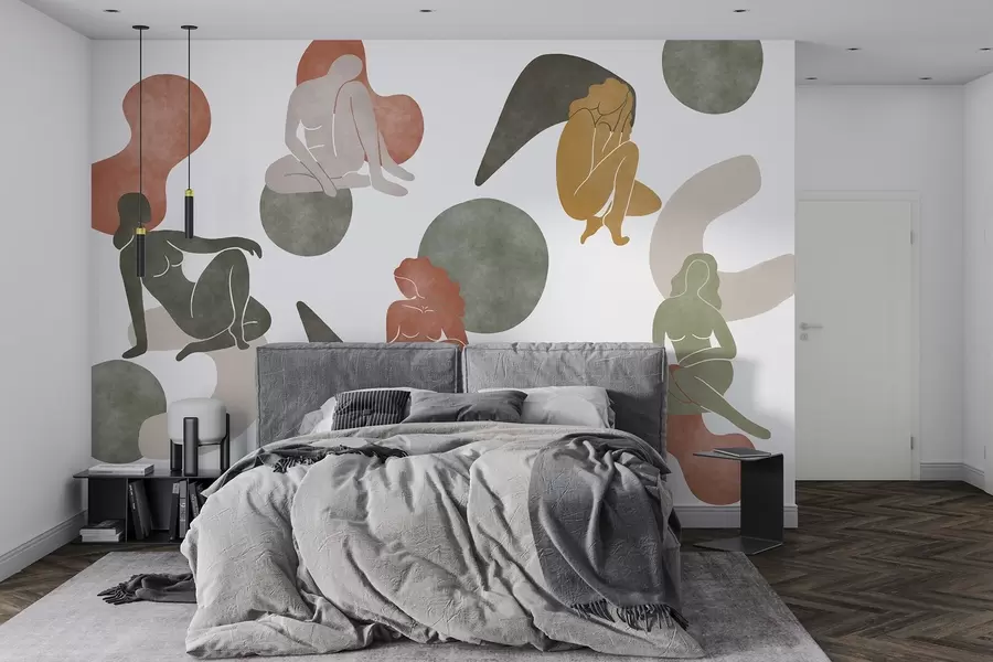 wall murals Geometric abstractions with women silhouettes, boho style, brown, beige, green w03753