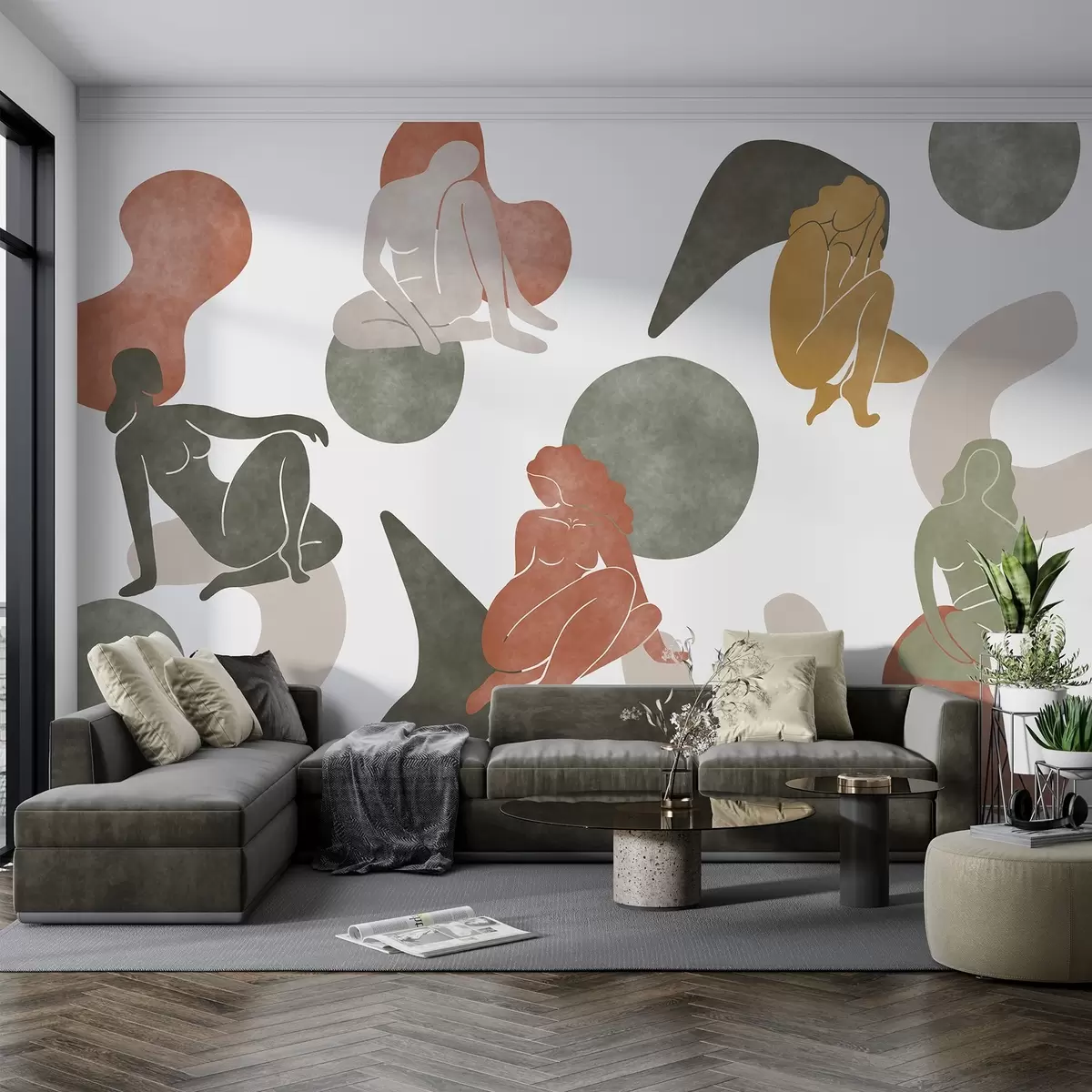 wall murals Geometric abstractions with women silhouettes, boho style, brown, beige, green w03753