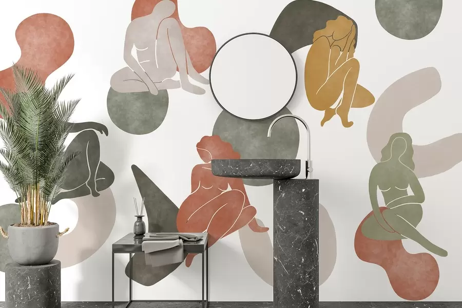 wall murals Geometric abstractions with women silhouettes, boho style, brown, beige, green w03753