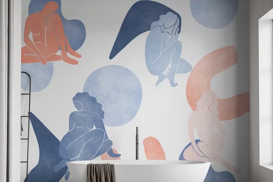 wall murals Geometric abstractions with women silhouettes, boho style, blue, beige, pink w03753v1