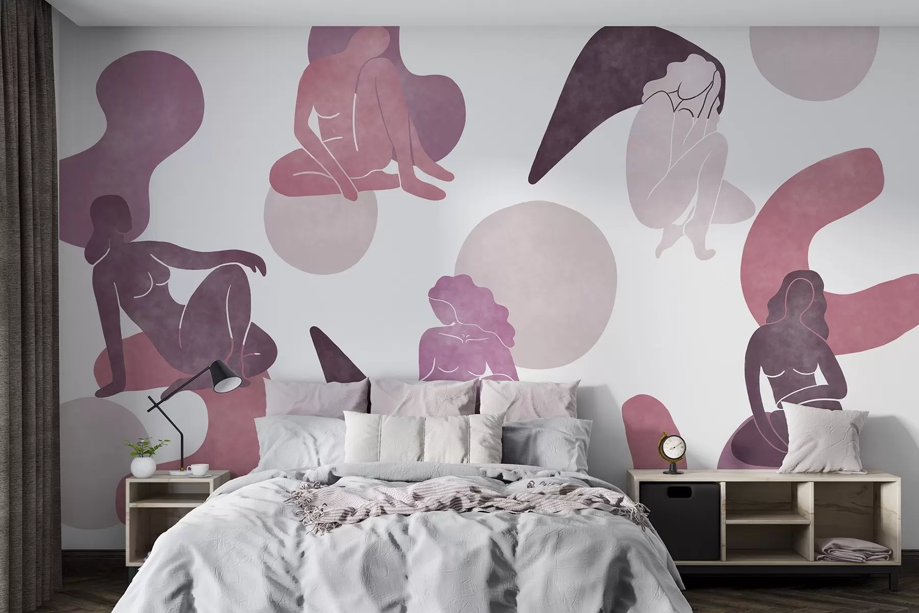 wall murals Geometric abstractions with women silhouettes, boho style, pink, beige, purple w03753v3