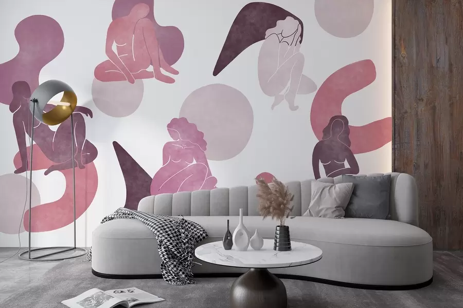 wall murals Geometric abstractions with women silhouettes, boho style, pink, beige, purple w03753v3